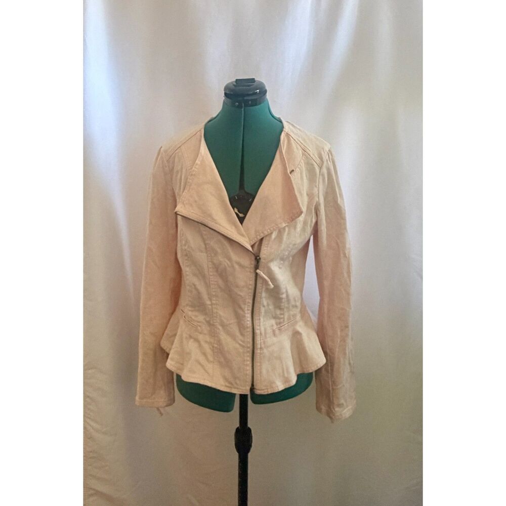 Elle light pink cotton asymmetrical moto jacket featuring a flared peplum hem